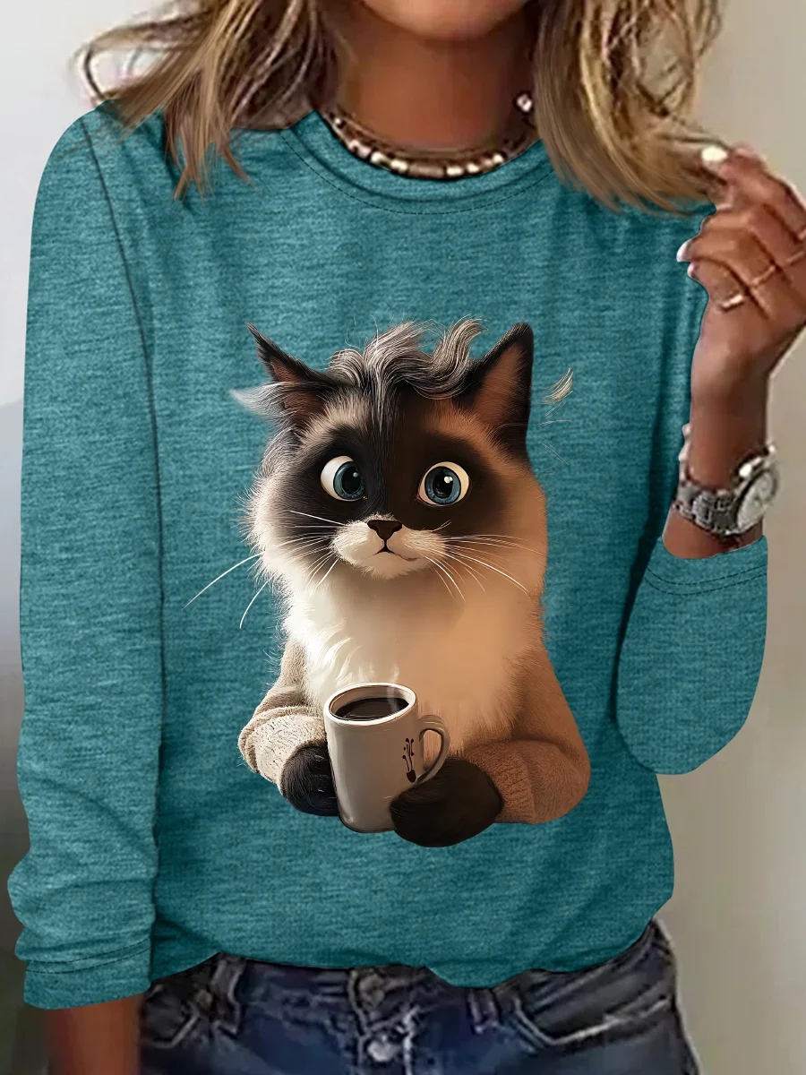 A Cat Drinking Coffee Is Looking At You Casual Long Sleeve Shirt