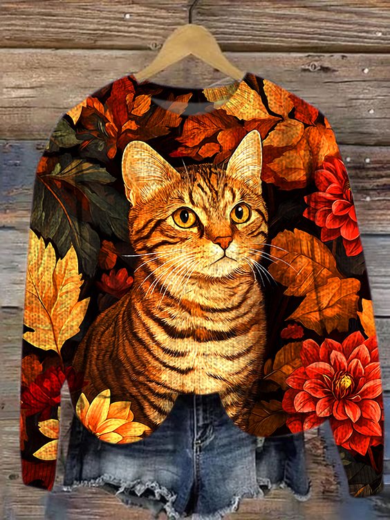 Cat Crew Neck Loose Maple Leaf Casual Sweater