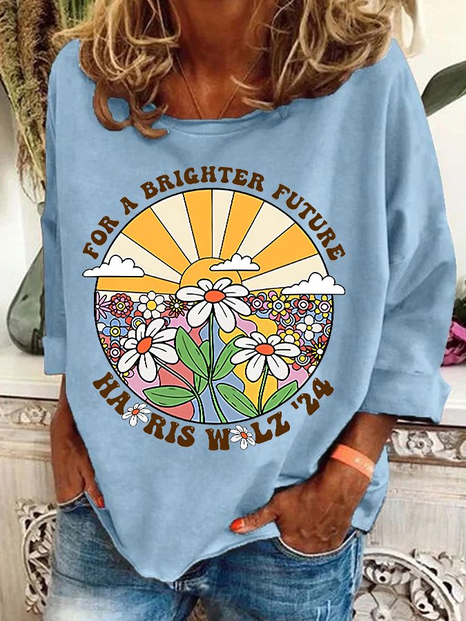 Retro For Brighter Future Sun And Daisy Print Casual Sweatshirt