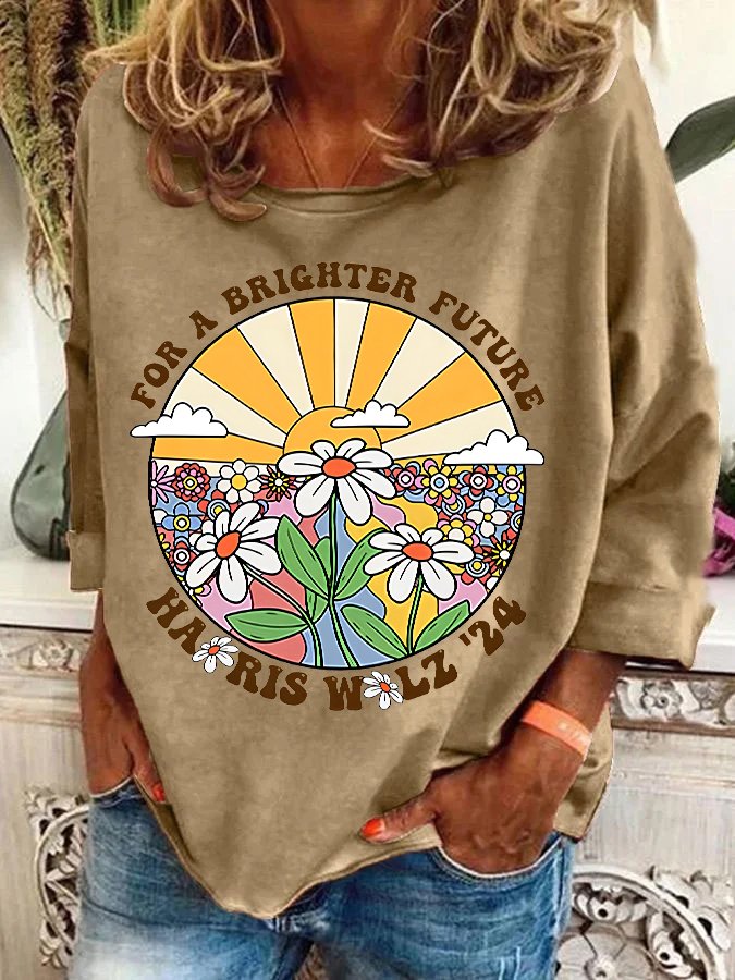 Retro For Brighter Future Sun And Daisy Print Casual Sweatshirt