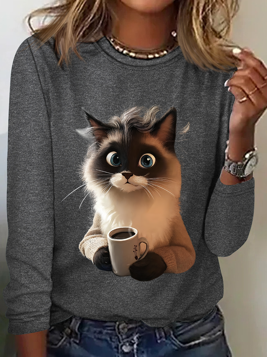 A Cat Drinking Coffee Is Looking At You Casual Long Sleeve Shirt