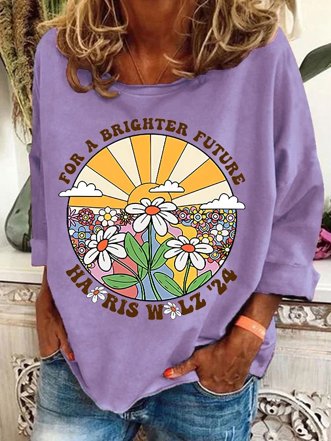 Retro For Brighter Future Sun And Daisy Print Casual Sweatshirt