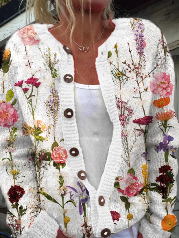 Casual Crew Neck Plants Floral Knitted Cardigan