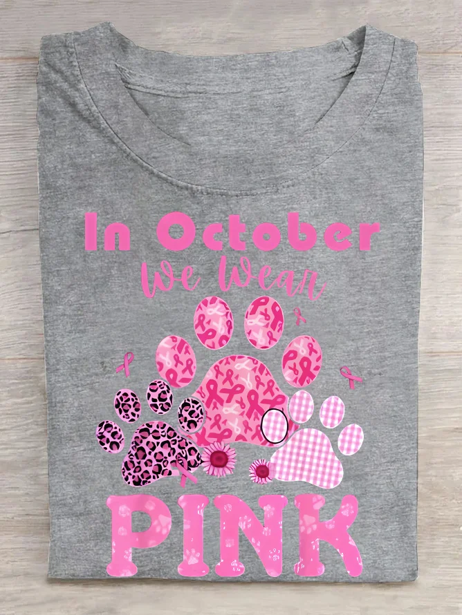 In October We Wear Pink Dog Cat Paw Breast Cancer Dog Paws Cotton T-Shirt