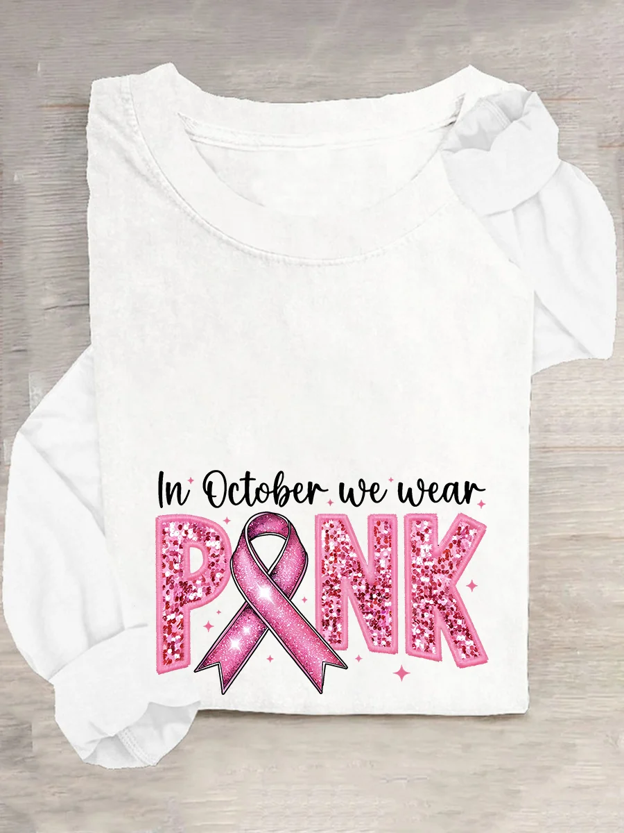 In October We Wear Pink Embroidery Breast Cancer Awareness Casual Long Sleeve Shirt