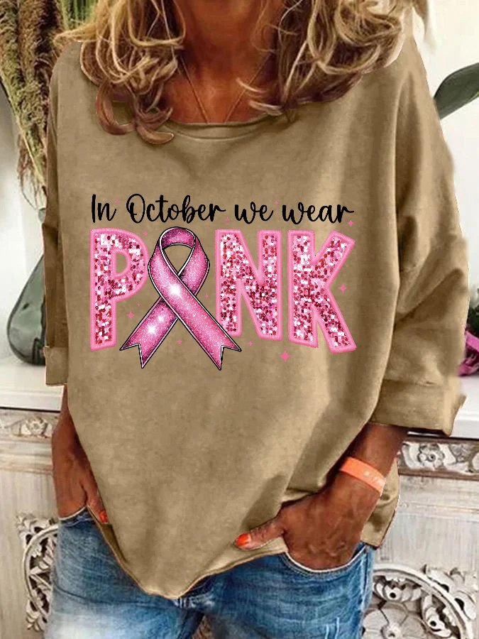 In October We Wear Pink Embroidery Breast Cancer Awareness Casual Sweatshirt