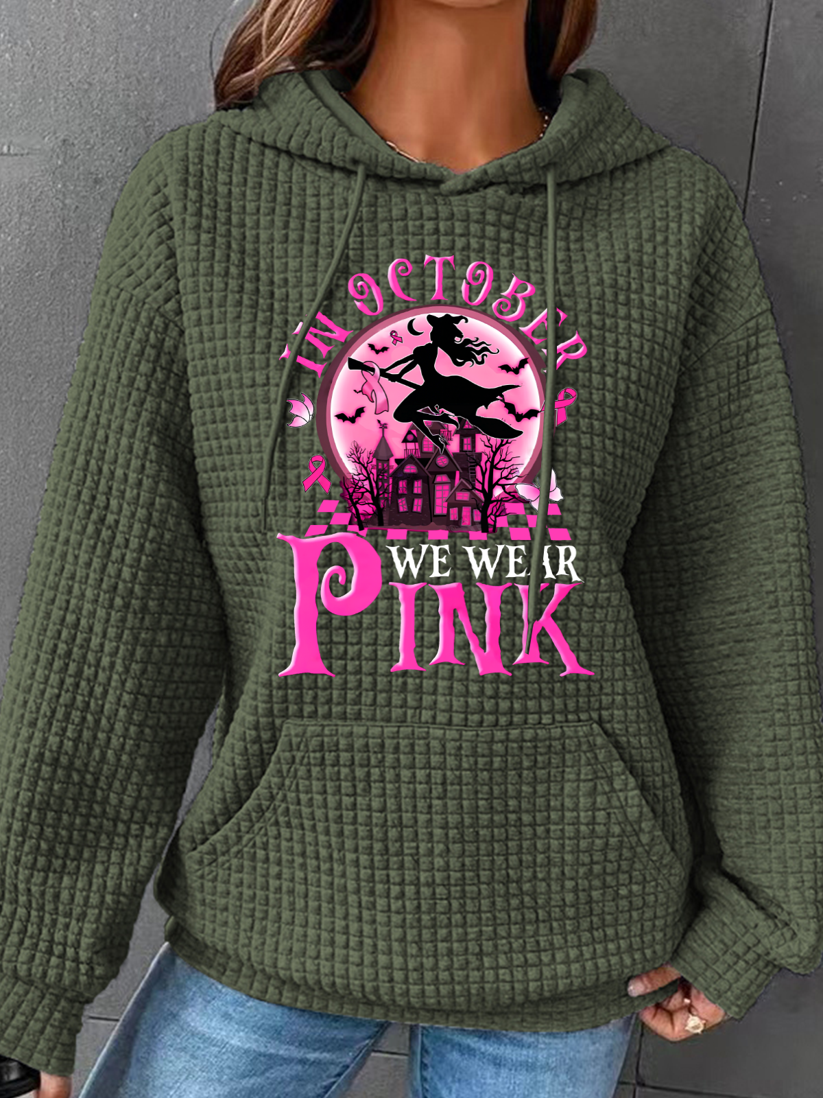 In October We Wear Pink Witch Breast Cancer Simple Loose Hoodie