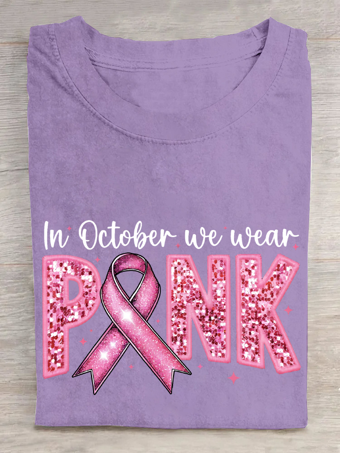 In October We Wear Pink Embroidery Breast Cancer Awareness Cotton T-Shirt