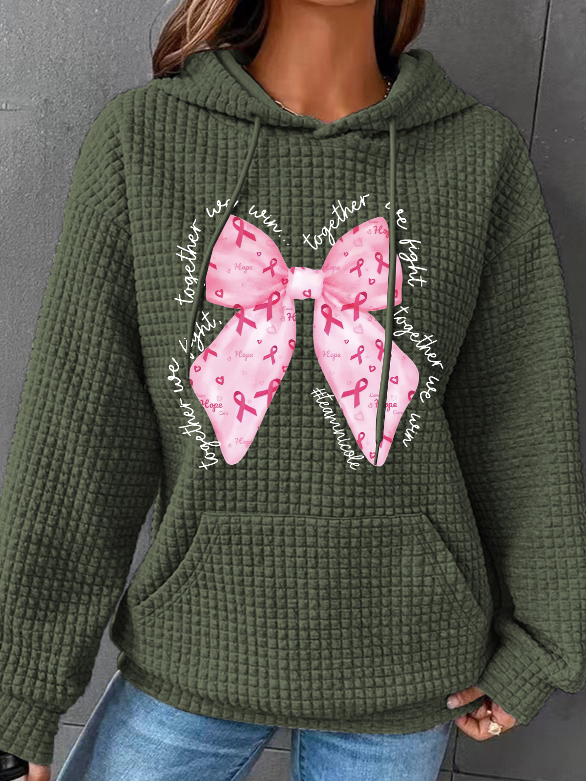 In October We Wear Pink Breast Cancer Awareness Together We Fight We Win Bow Coquette Simple Loose Hoodie