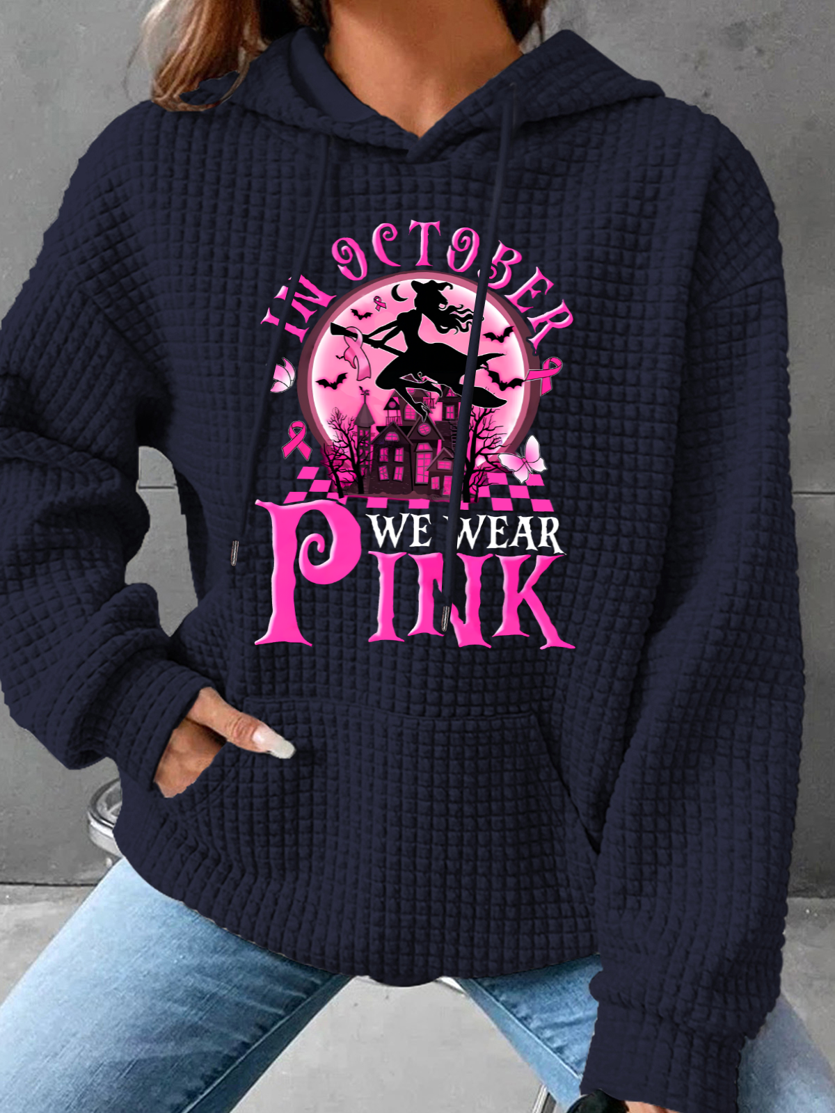 In October We Wear Pink Witch Breast Cancer Simple Loose Hoodie