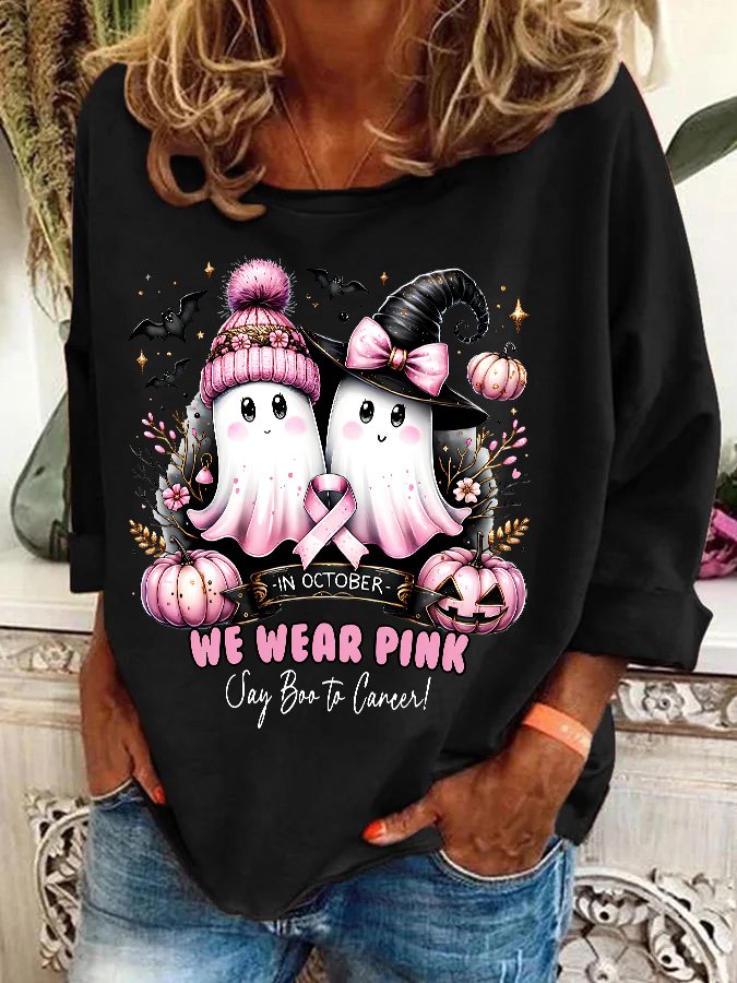 In October We Wear Pink Ghost Breast Cancer Awareness Casual Sweatshirt