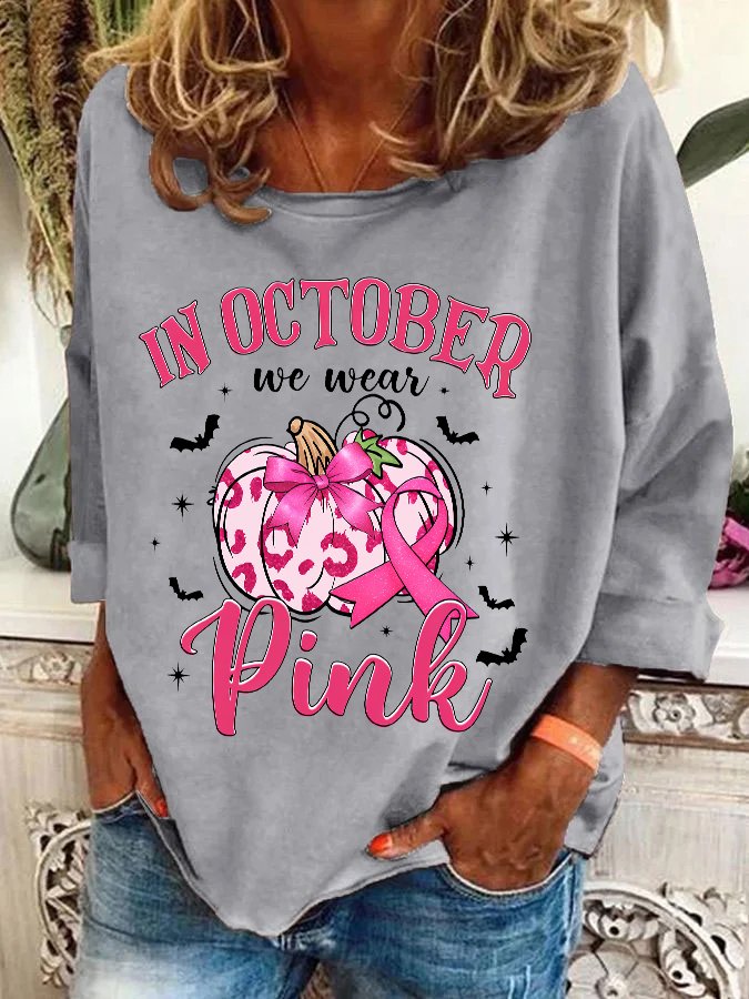 In October We Wear Pink Retro Breast Cancer Pumpkin Breast Cancer Awareness Casual Sweatshirt