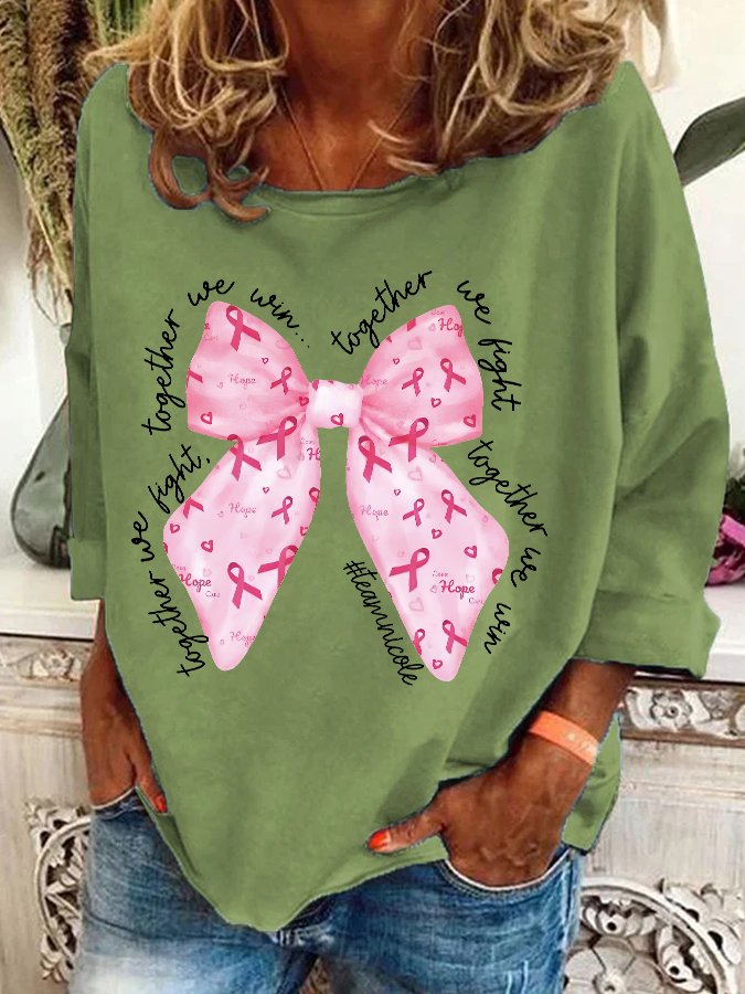 In October We Wear Pink Breast Cancer Awareness Together We Fight We Win Bow Coquette Casual Sweatshirt