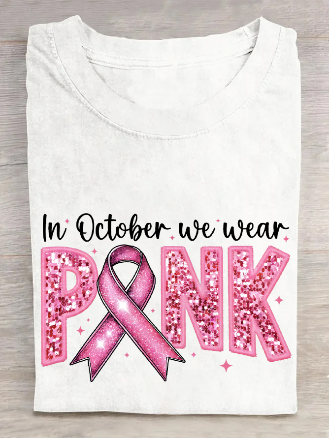 In October We Wear Pink Embroidery Breast Cancer Awareness Cotton T-Shirt