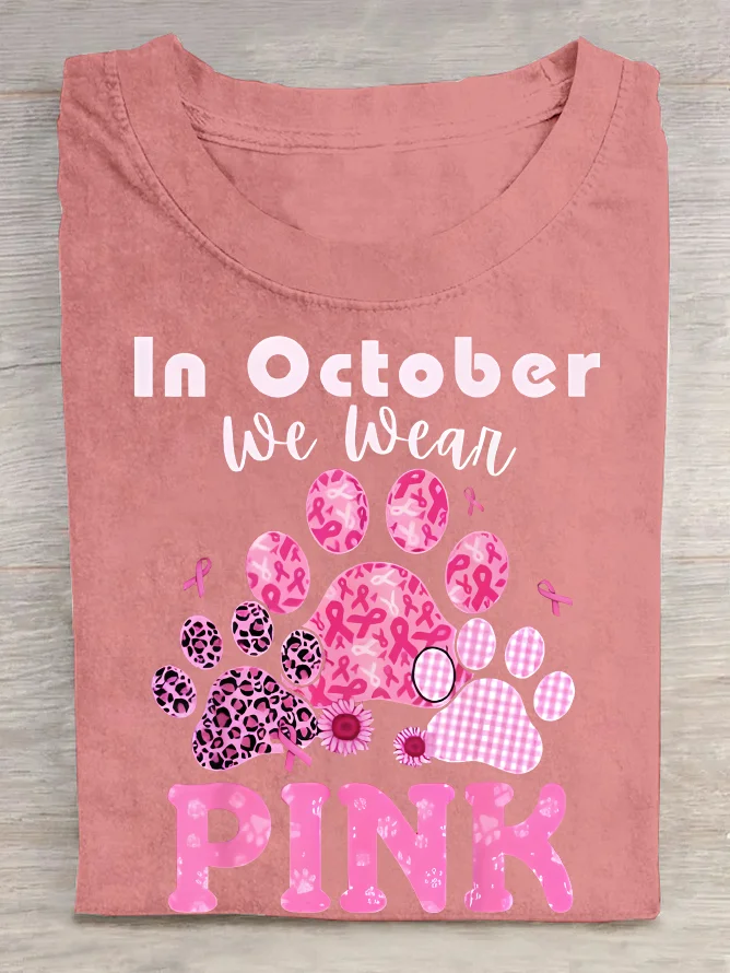 In October We Wear Pink Dog Cat Paw Breast Cancer Dog Paws Cotton T-Shirt