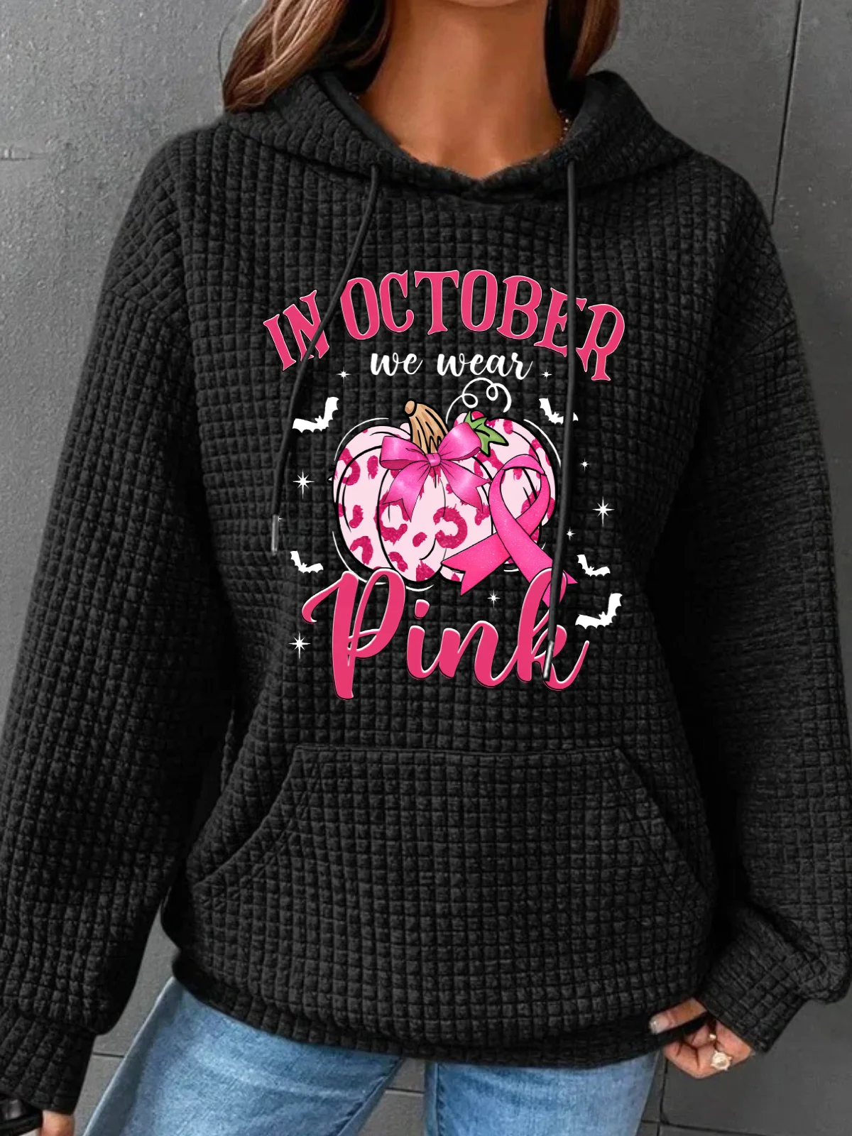 In October We Wear Pink Retro Breast Cancer Pumpkin Breast Cancer Awareness Simple Loose Hoodie