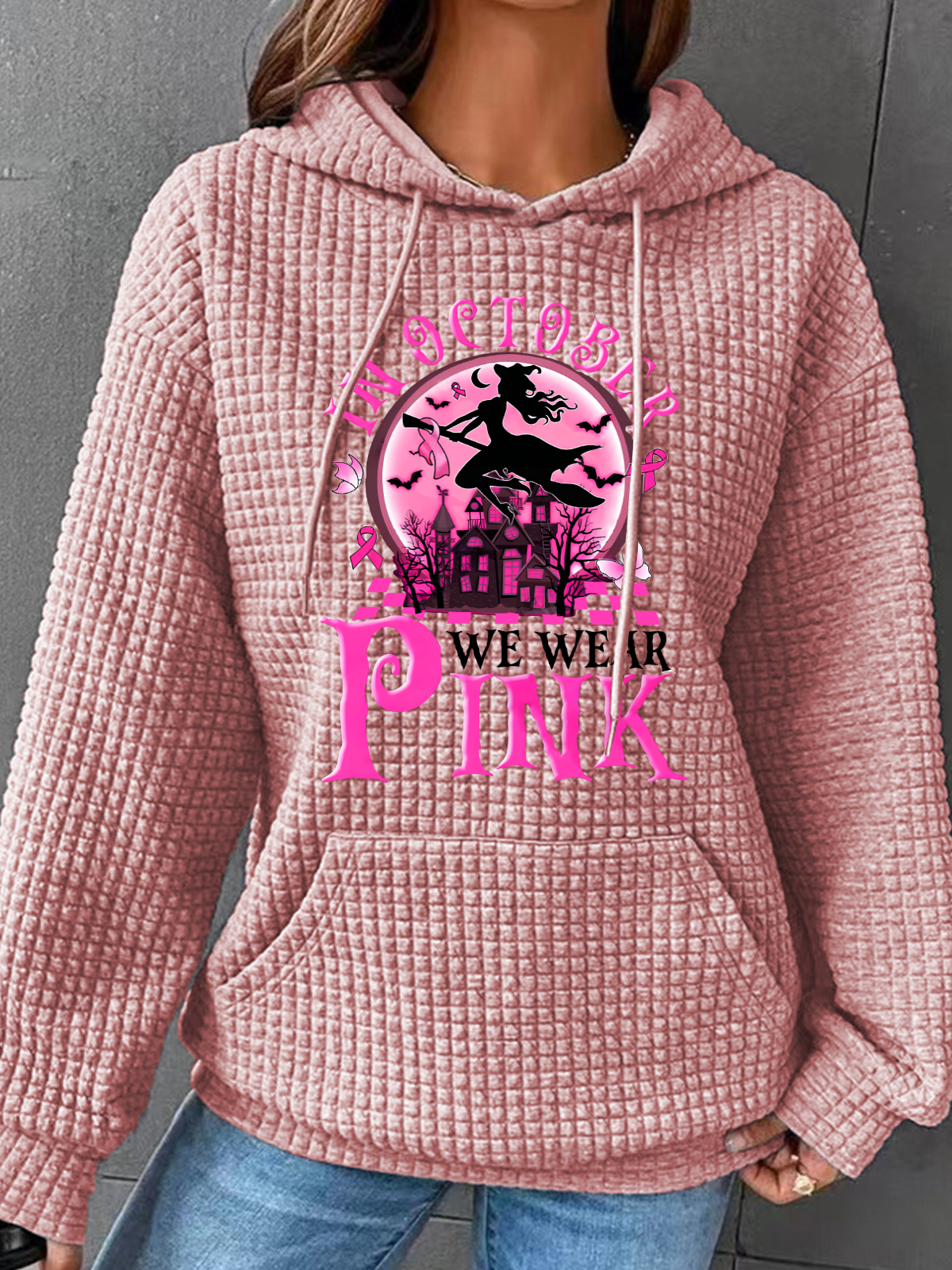 In October We Wear Pink Witch Breast Cancer Simple Loose Hoodie