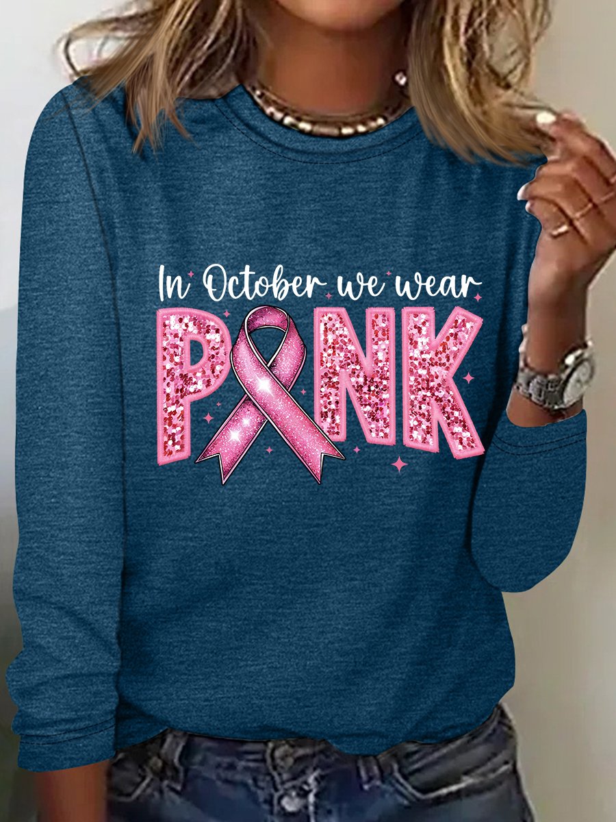 In October We Wear Pink Embroidery Breast Cancer Awareness Casual Long Sleeve Shirt