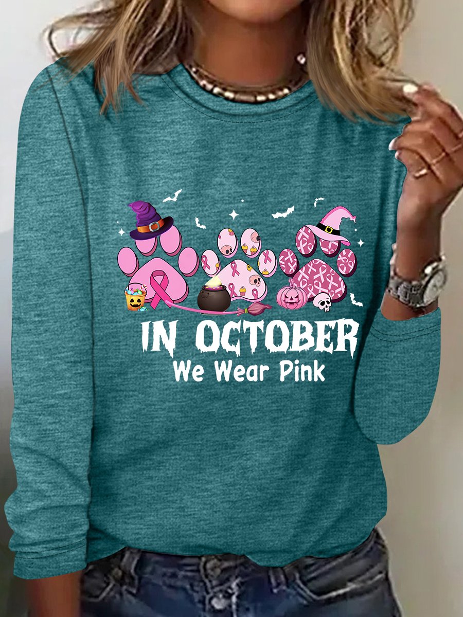 In October We Wear Pink Halloween Fur Dogs Witch Breast Cancer Awareness Casual Long Sleeve Shirt