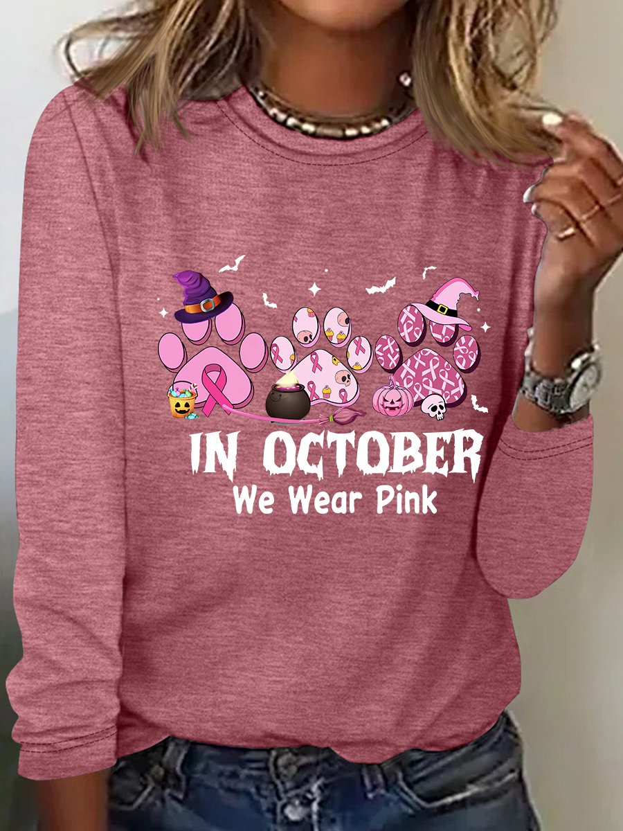 In October We Wear Pink Halloween Fur Dogs Witch Breast Cancer Awareness Casual Long Sleeve Shirt