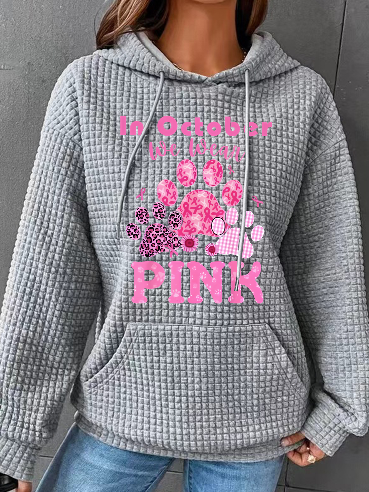 In October We Wear Pink Dog Cat Paw Breast Cancer Dog Paws Simple Loose Hoodie