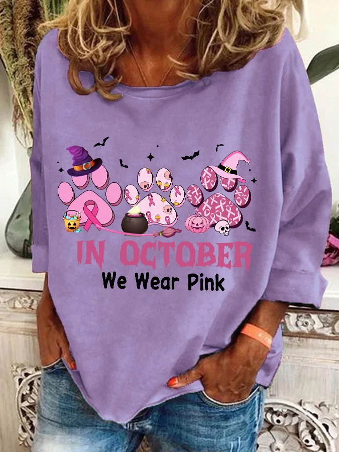 In October We Wear Pink Halloween Fur Dogs Witch Breast Cancer Awareness Casual Sweatshirt