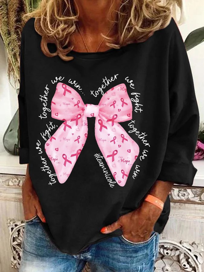 In October We Wear Pink Breast Cancer Awareness Together We Fight We Win Bow Coquette Casual Sweatshirt