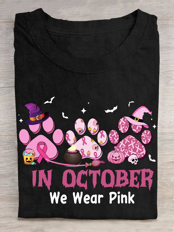 In October We Wear Pink Halloween Fur Dogs Witch Breast Cancer Awareness Cotton T-Shirt