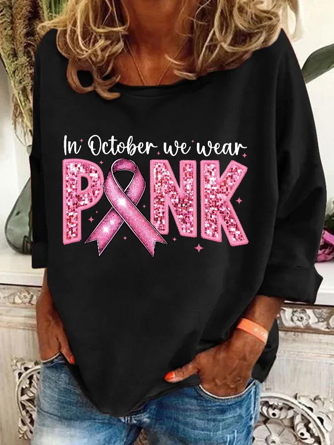 In October We Wear Pink Embroidery Breast Cancer Awareness Casual Sweatshirt