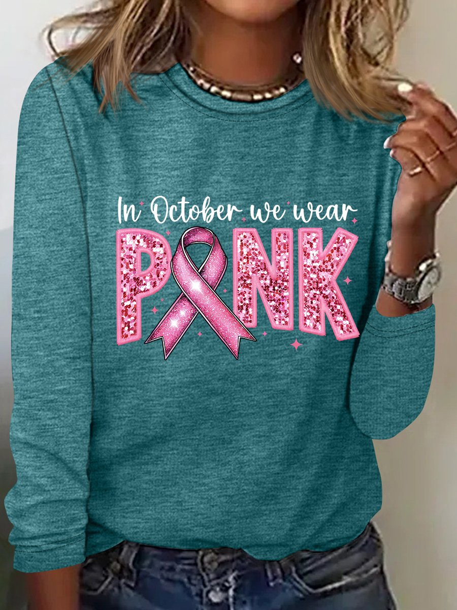 In October We Wear Pink Embroidery Breast Cancer Awareness Casual Long Sleeve Shirt