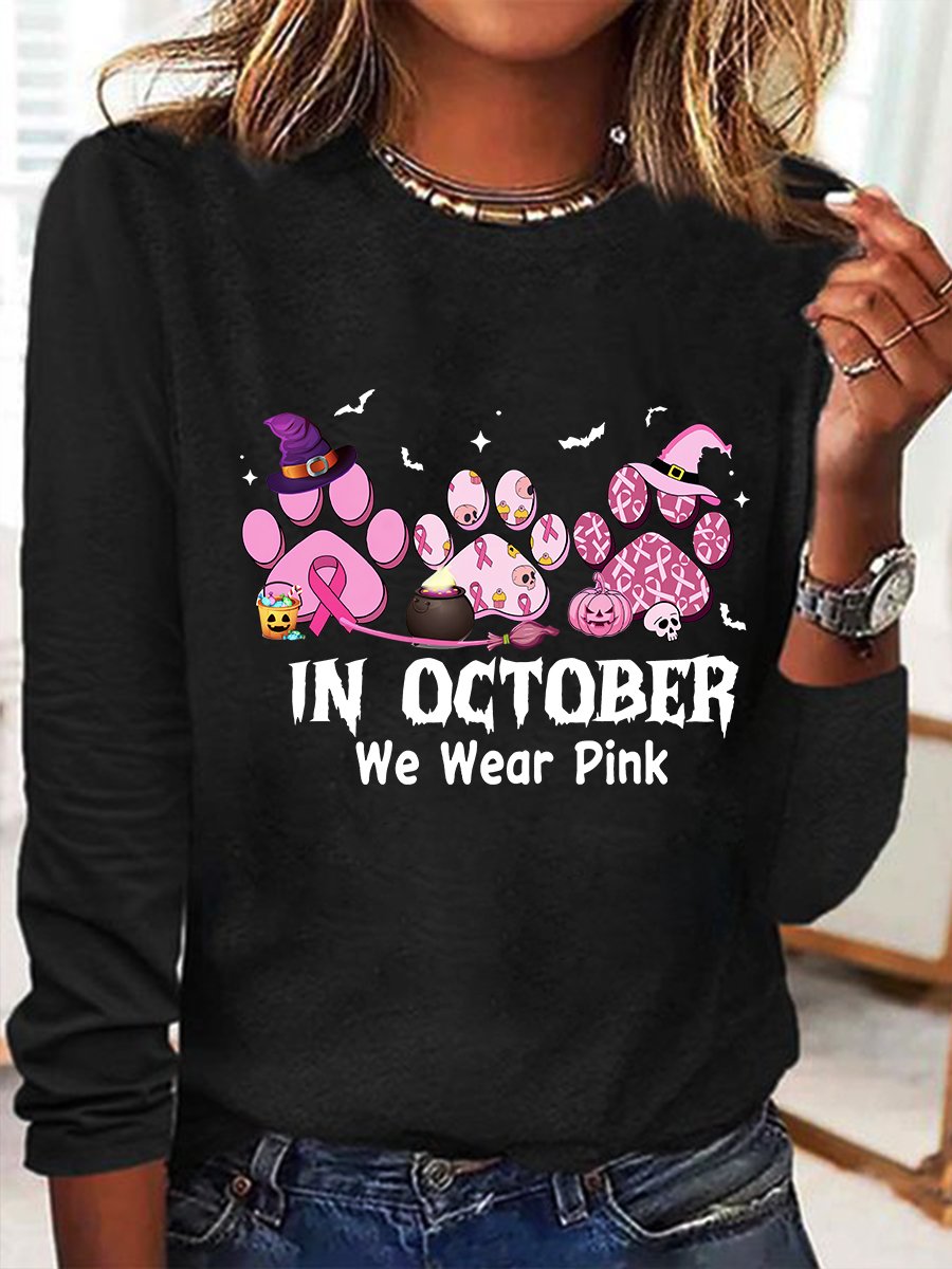 In October We Wear Pink Halloween Fur Dogs Witch Breast Cancer Awareness Casual Long Sleeve Shirt