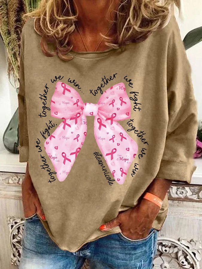 In October We Wear Pink Breast Cancer Awareness Together We Fight We Win Bow Coquette Casual Sweatshirt