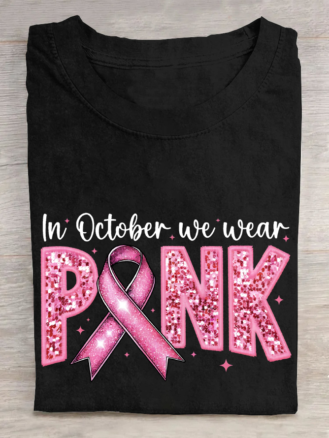 In October We Wear Pink Embroidery Breast Cancer Awareness Cotton T-Shirt