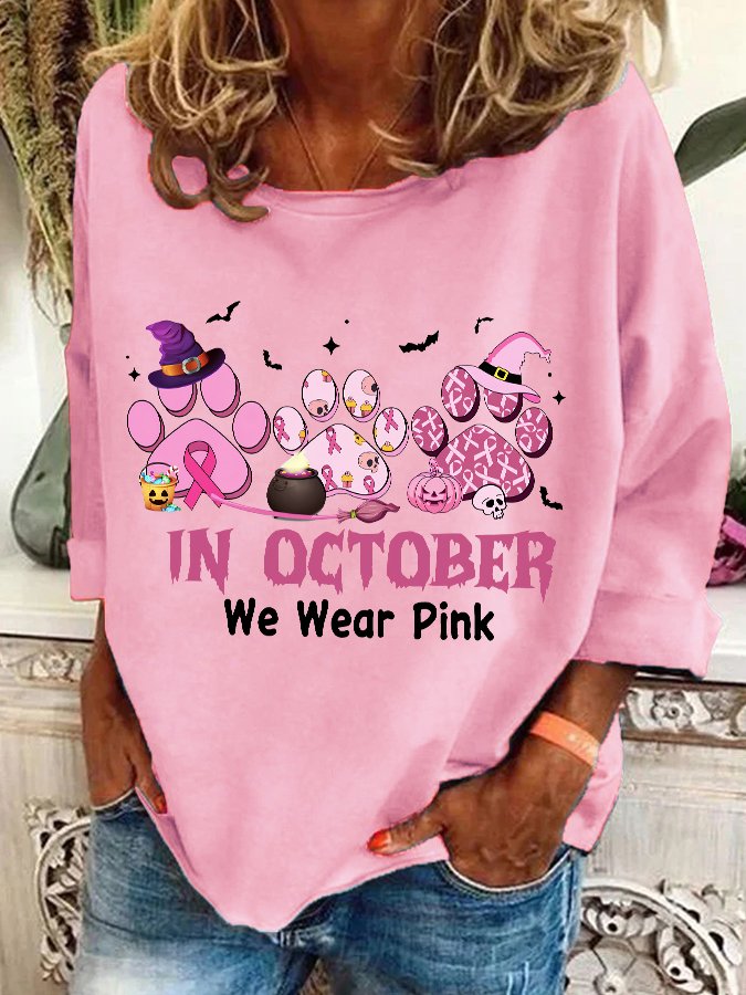 In October We Wear Pink Halloween Fur Dogs Witch Breast Cancer Awareness Casual Sweatshirt