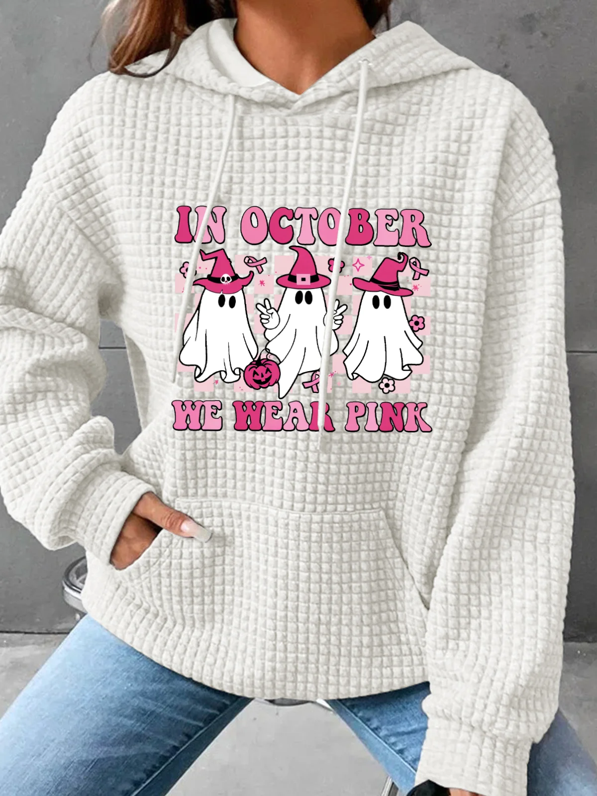 In October We Wear Pink Wizard Ghosts Breast Cancer Awareness Halloween Simple Loose Hoodie