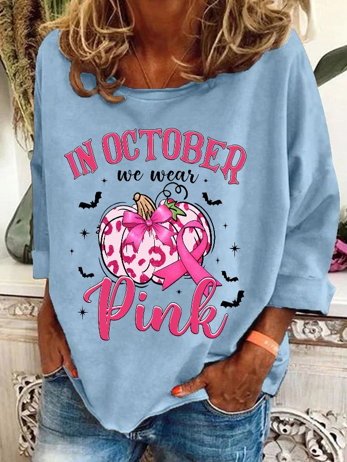 In October We Wear Pink Retro Breast Cancer Pumpkin Breast Cancer Awareness Casual Sweatshirt