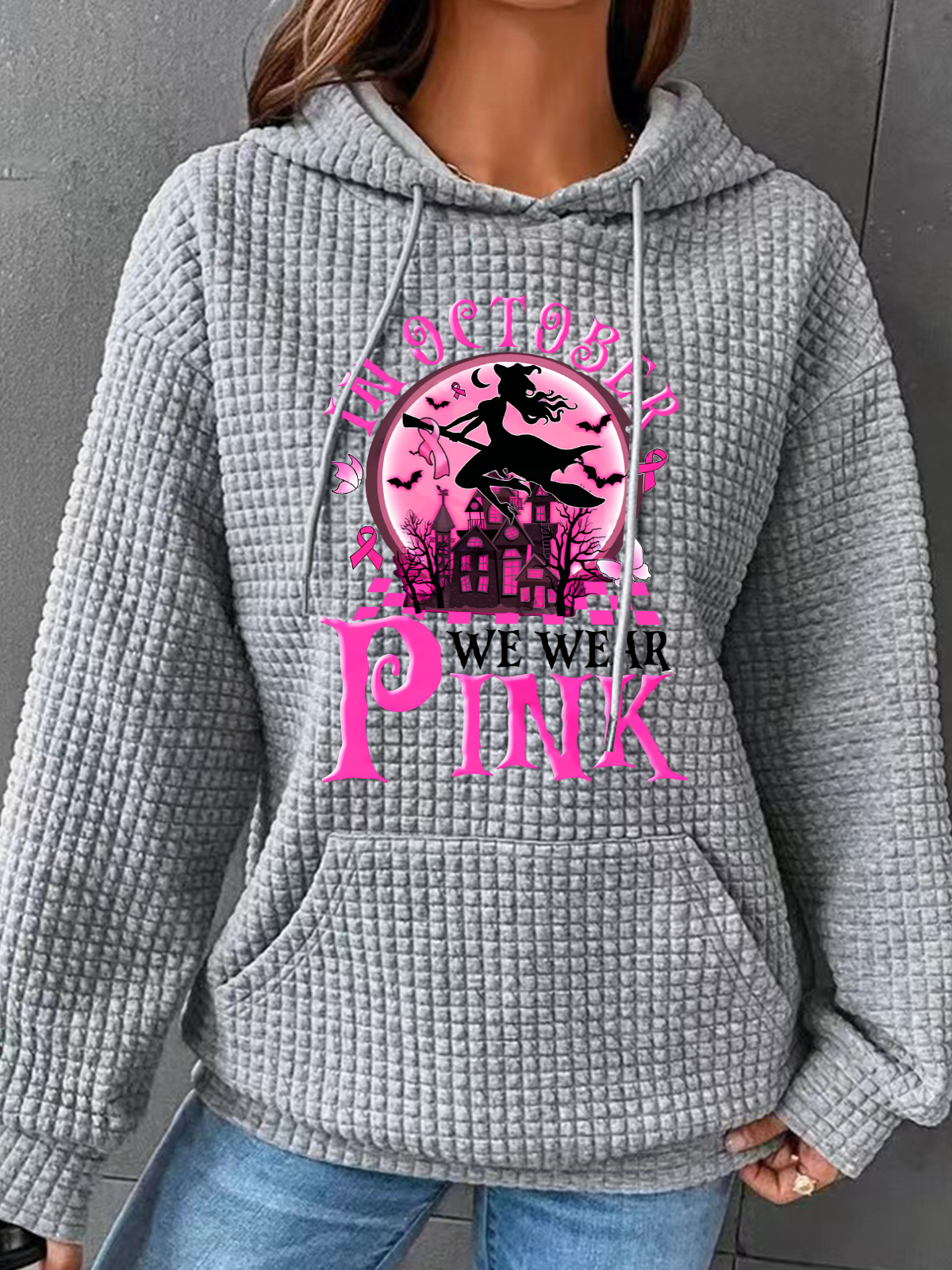 In October We Wear Pink Witch Breast Cancer Simple Loose Hoodie