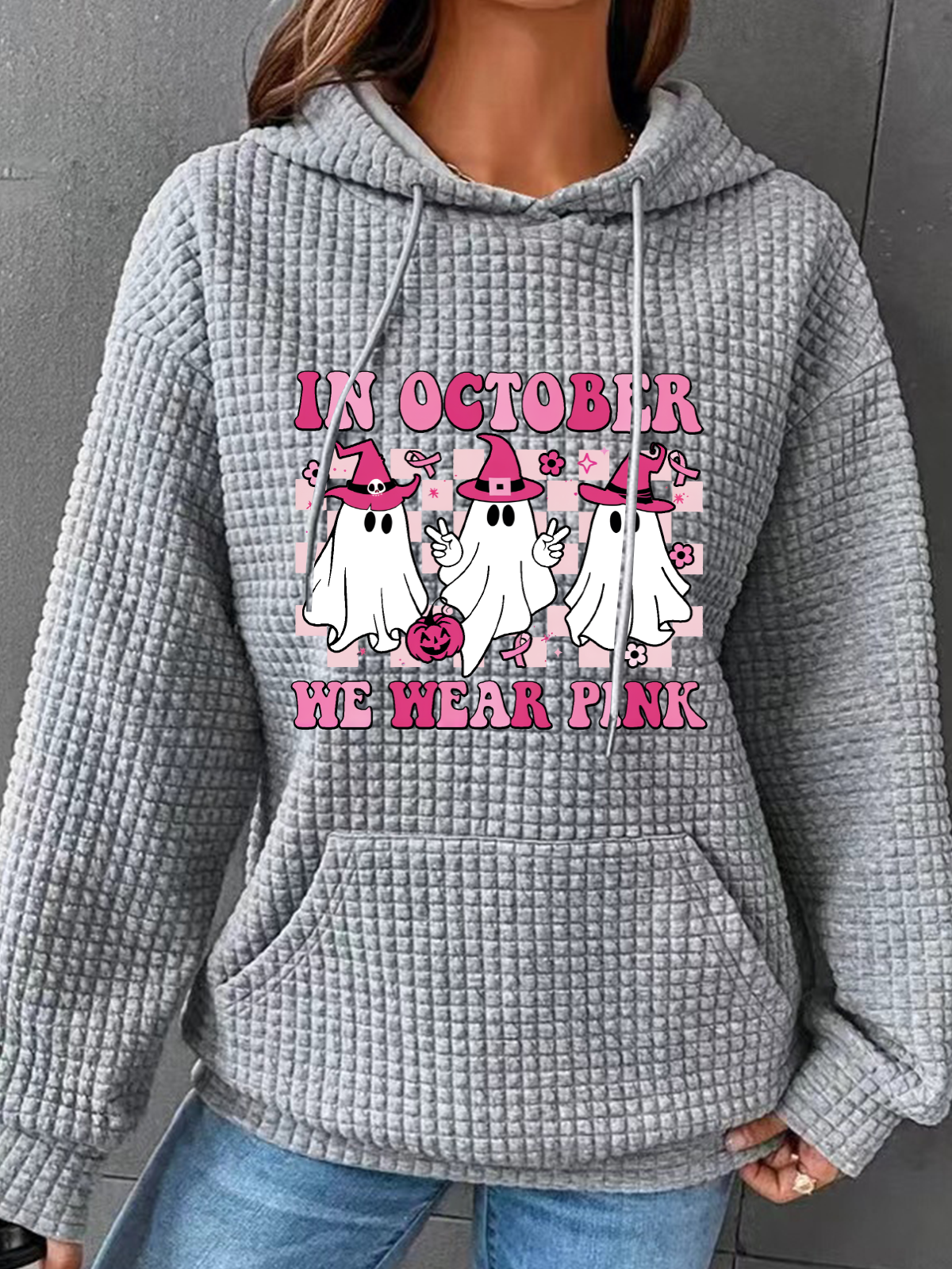 In October We Wear Pink Wizard Ghosts Breast Cancer Awareness Halloween Simple Loose Hoodie