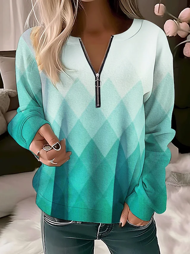 Gradient Geometric Round Neck Casual Zipper Sweatshirt