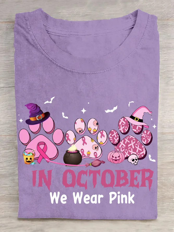 In October We Wear Pink Halloween Fur Dogs Witch Breast Cancer Awareness Cotton T-Shirt