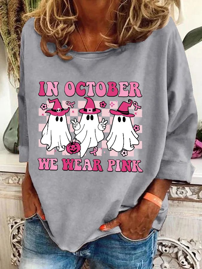 In October We Wear Pink Wizard Ghosts Breast Cancer Awareness Halloween Casual Sweatshirt