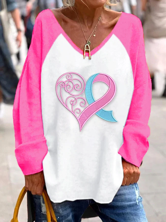 Women's Pink Breast Cancer Heart Loose Long Sleeve Shirt