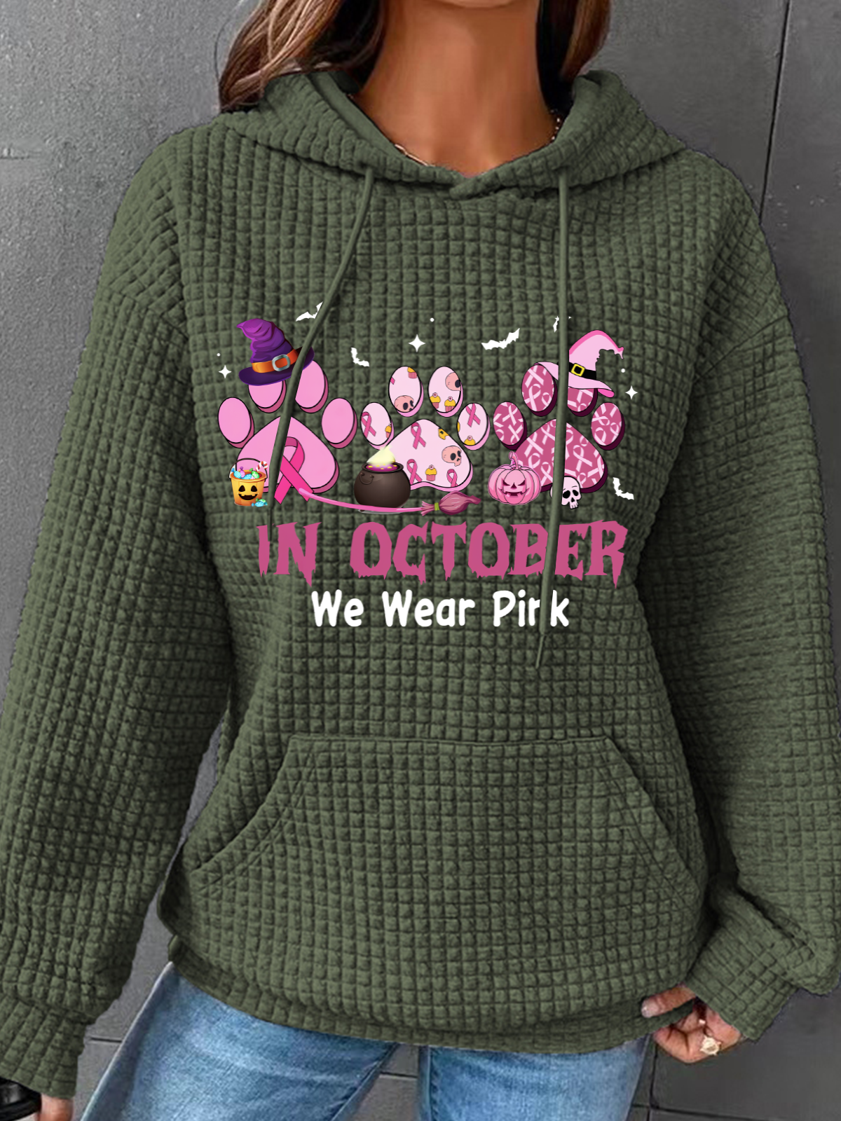 In October We Wear Pink Halloween Fur Dogs Witch Breast Cancer Awareness Simple Loose Hoodie