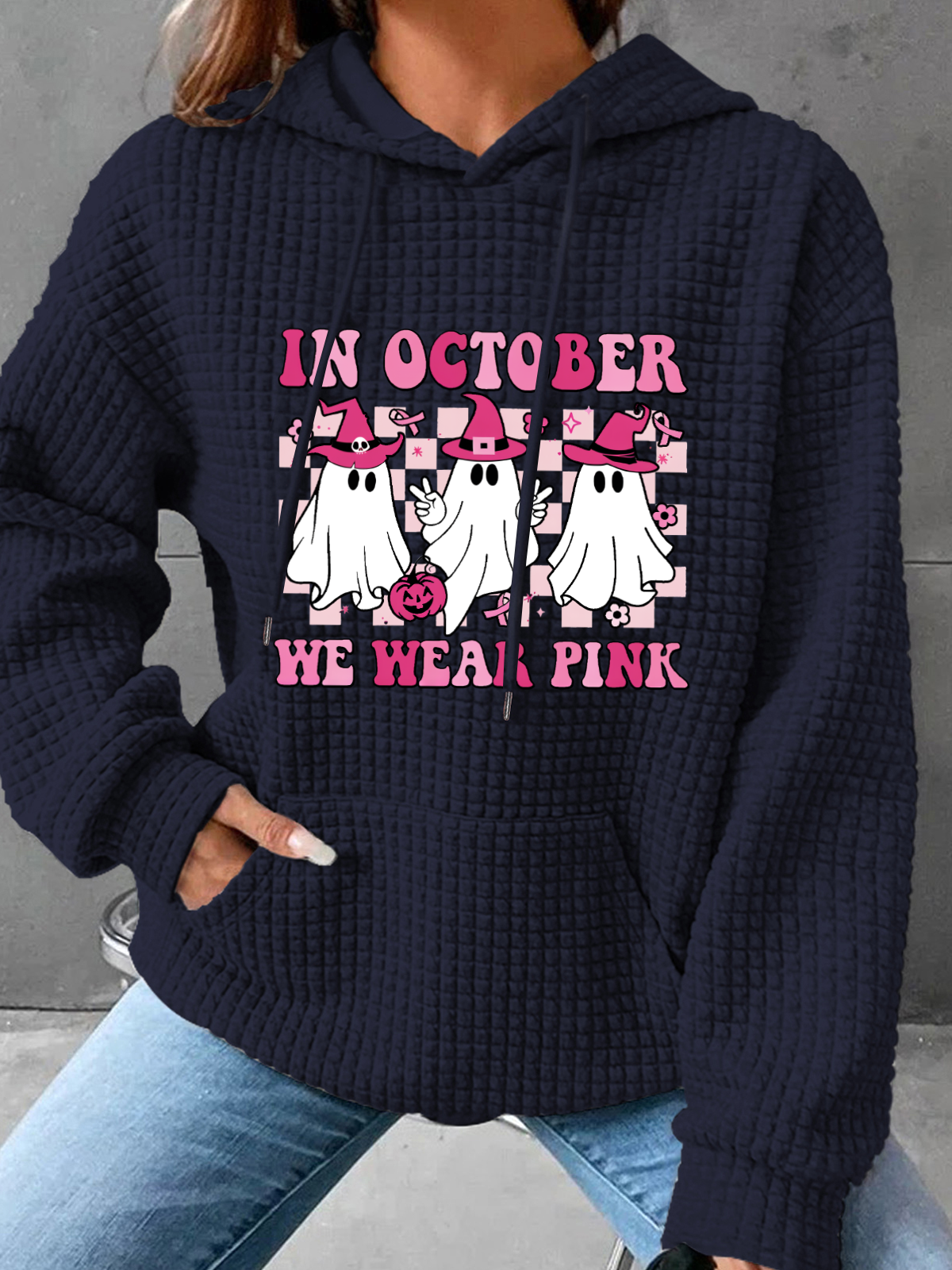 In October We Wear Pink Wizard Ghosts Breast Cancer Awareness Halloween Simple Loose Hoodie