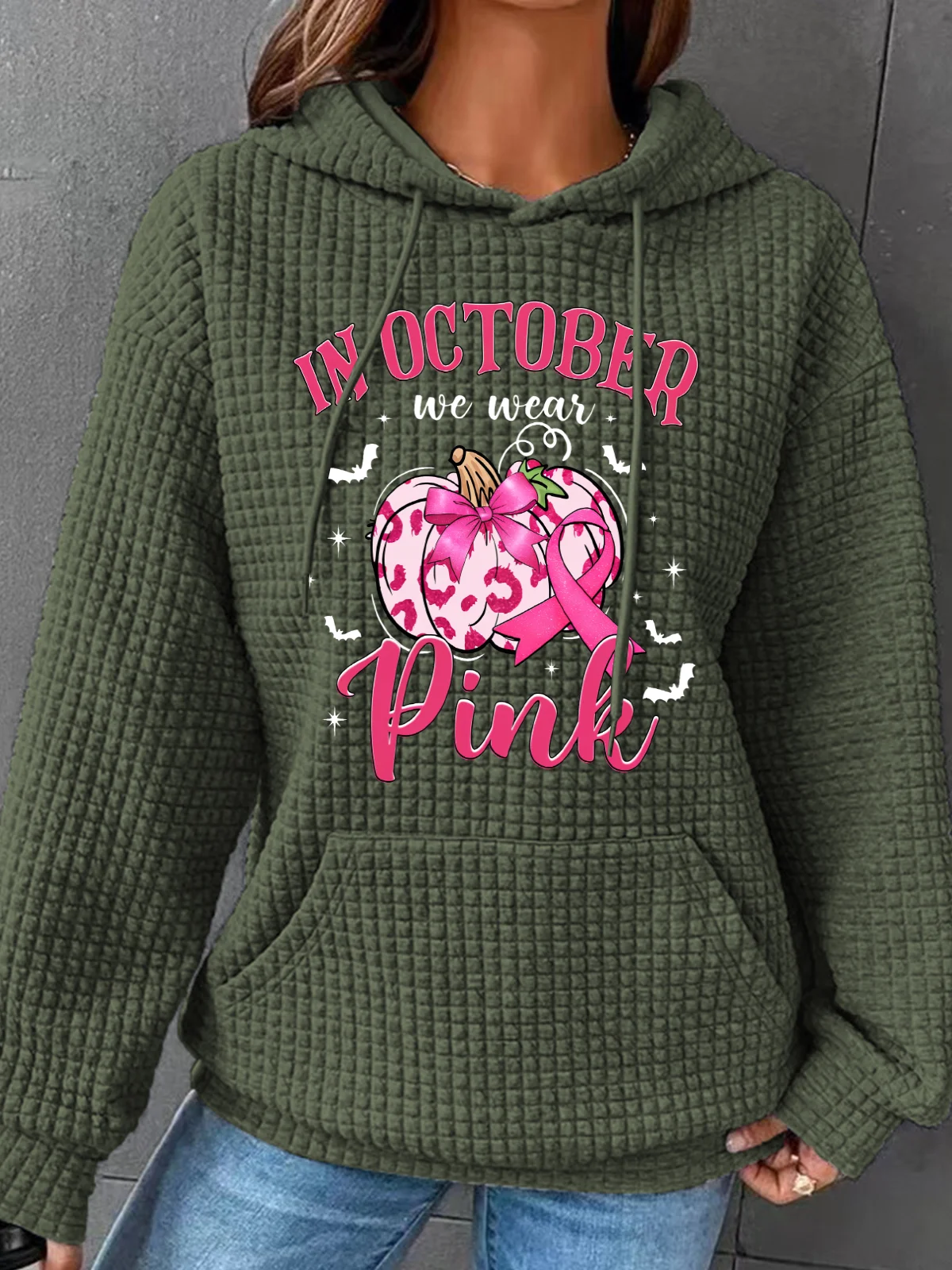 In October We Wear Pink Retro Breast Cancer Pumpkin Breast Cancer Awareness Simple Loose Hoodie