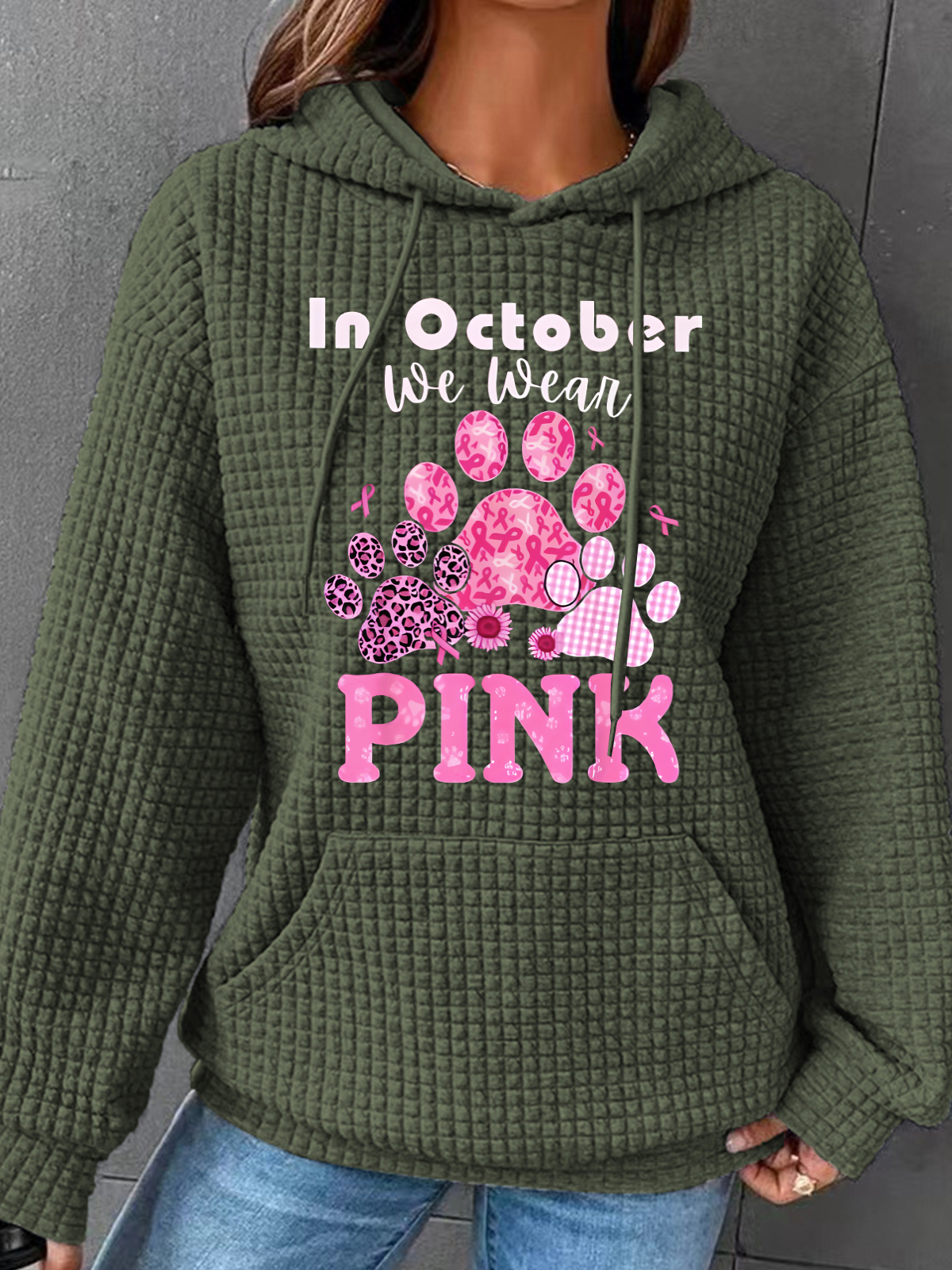 In October We Wear Pink Dog Cat Paw Breast Cancer Dog Paws Simple Loose Hoodie