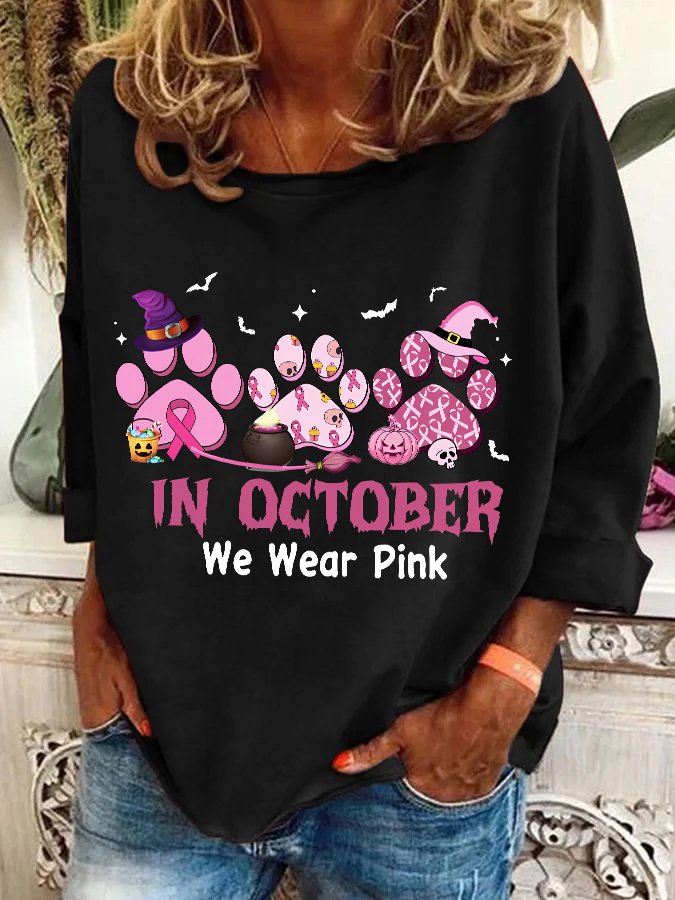 In October We Wear Pink Halloween Fur Dogs Witch Breast Cancer Awareness Casual Sweatshirt