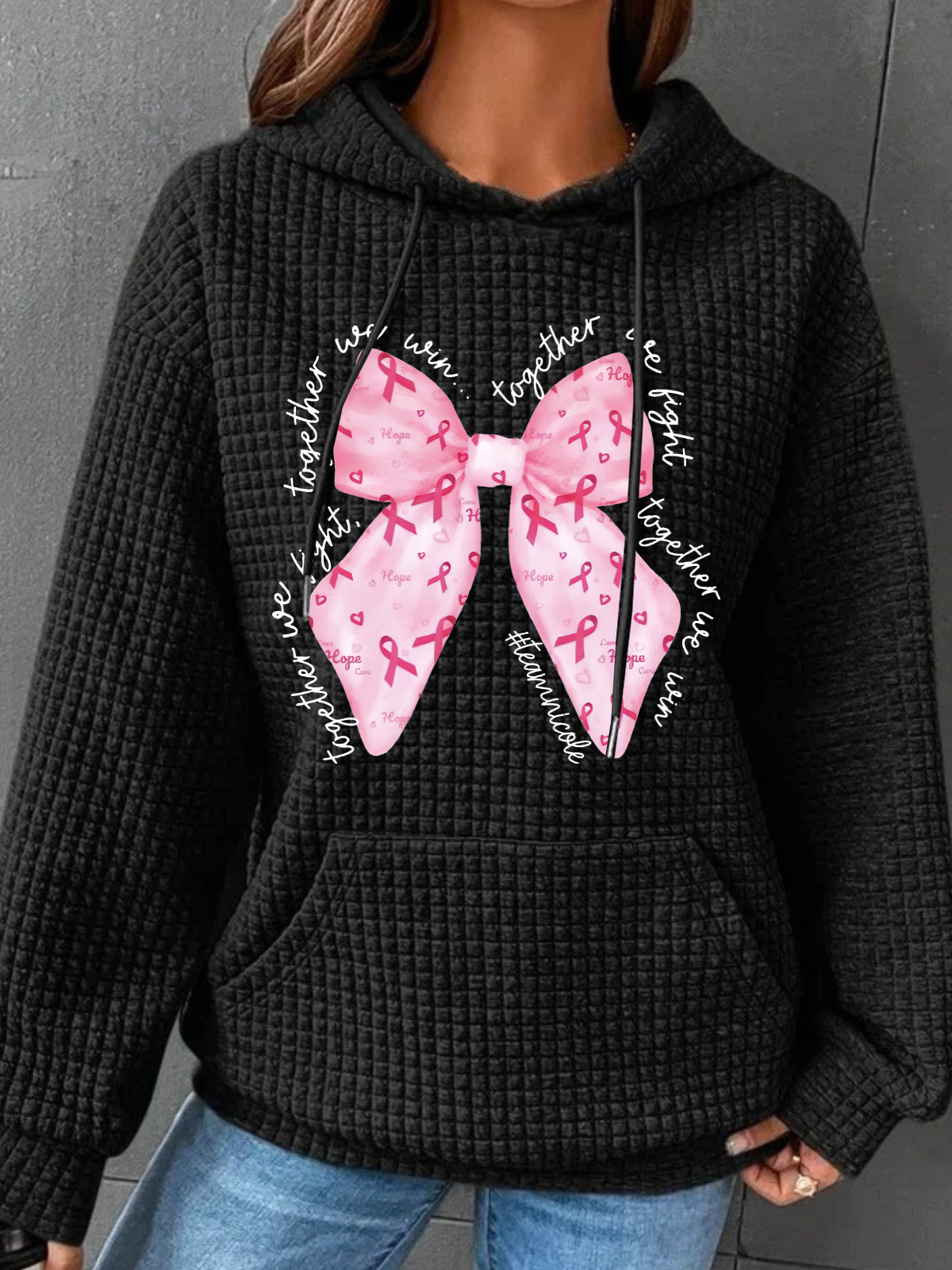 In October We Wear Pink Breast Cancer Awareness Together We Fight We Win Bow Coquette Simple Loose Hoodie