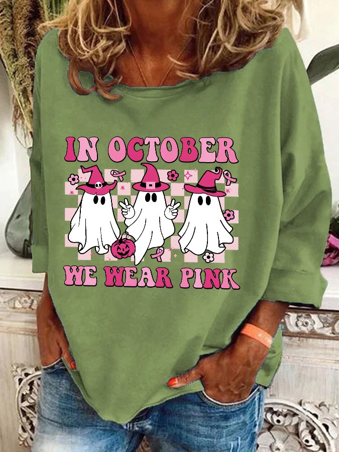 In October We Wear Pink Wizard Ghosts Breast Cancer Awareness Halloween Casual Sweatshirt