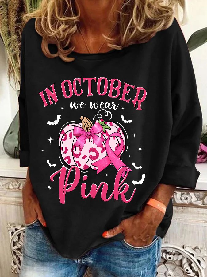 In October We Wear Pink Retro Breast Cancer Pumpkin Breast Cancer Awareness Casual Sweatshirt